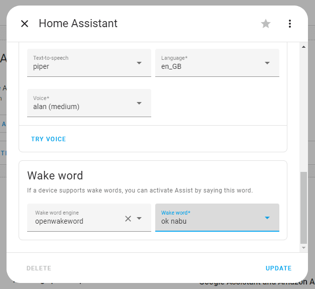 Home Assistant interface showing text-to-speech and wake word configuration settings