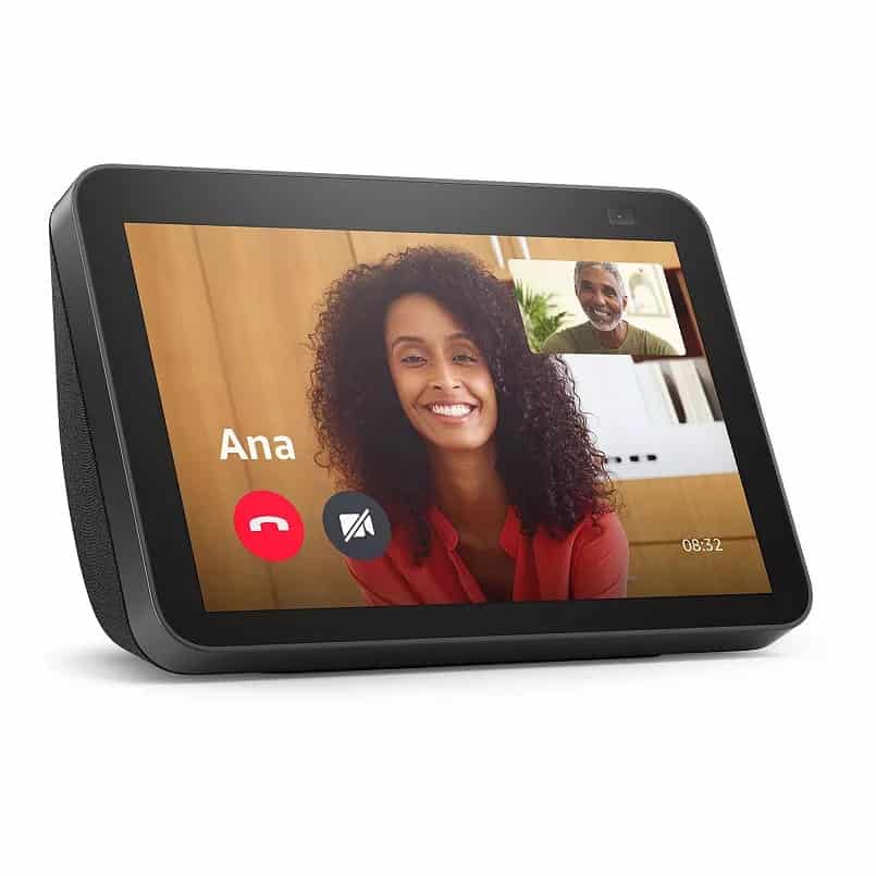 Amazon Echo Show 8 (2021 release) showing a video call in progress.