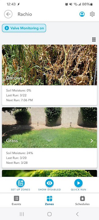 Rachio App showing two Zones: Garden and Grass