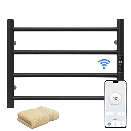KEG Smart WiFi Towel Warmer Wall Mounted with Built-in Timer and Temperature Adjust Control, 4 Bars Electric Stainless Steel Heated Towel Racks for Bathroom Matte Black