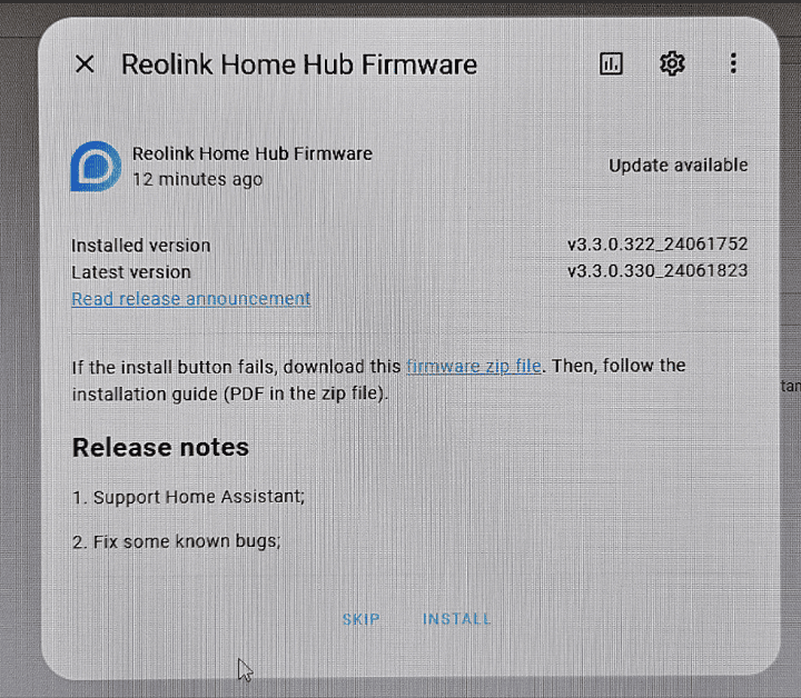 Reolink module installed in Home Assistant