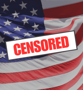 Censored text on American flag background