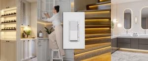Leviton Decora Smart Dimmer switch with background showing various home interiors.