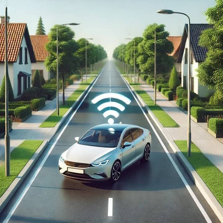 DALL-E 2024-08-15 - A photorealistic image of a basic car driving down a residential street. The car is a modern sedan with a WiFi signal icon above it