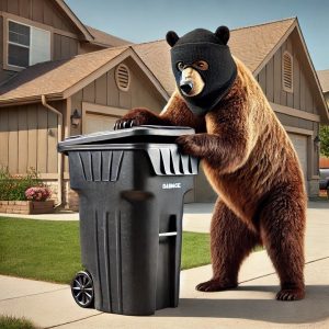 Comical image of a bear stealing a garbage bin.