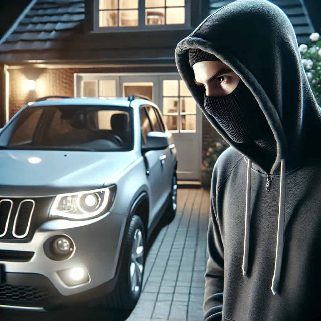 A photo-realistic image of a human thief looking at a car parked in front of a house.