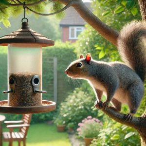 Squirrel looking at a bird feeder