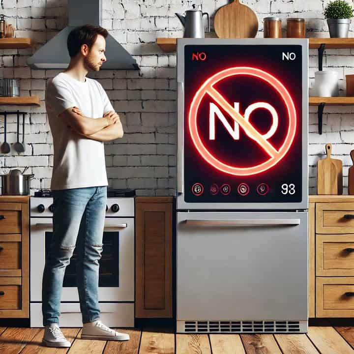 Man in kitchen standing in front of a smart fridge with "No" on it and a no symbol.