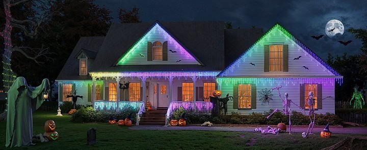 Govee Holiday Lights with new icicle lights on a house decorated for Halloween.