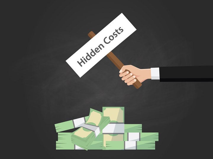 hidden costs text illustration on a sign board on top of money heap with black background vector