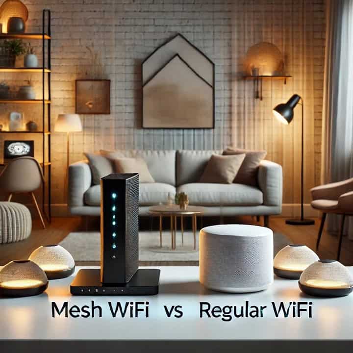 A photorealistic comparison of two Wi-Fi setups. On one side, a traditional Wi-Fi router with no antennas, sleek and minimalist, placed on a desk. On the other side, a mesh Wi-Fi system with small, modern pods spread around a cozy living room environment. The background includes home furniture, subtle smart home devices, and warm ambient lighting. Text overlay at the top reads 'Mesh WiFi VS Regular WiFi' in a clean, modern font.