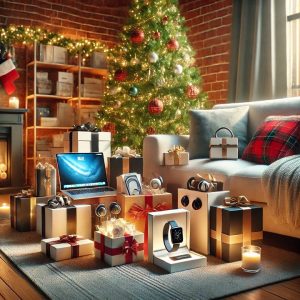 Christmas tree with presents and various tech devices in the foreground.