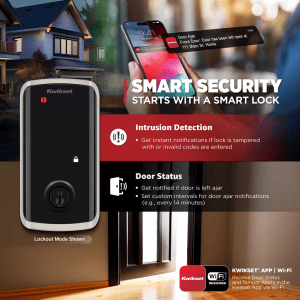 Kwikset Halo Select smart lock with matter. Image details some features of the smart lock.