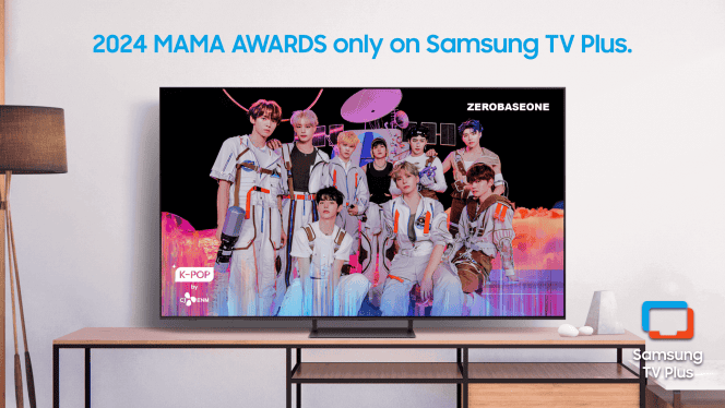 Samsung TV showing hte new K-POP channel and announcing hte 2024 MAMA Awards