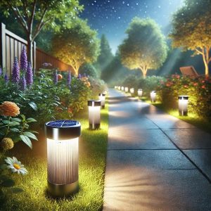 A serene garden pathway illuminated by solar lights at night.