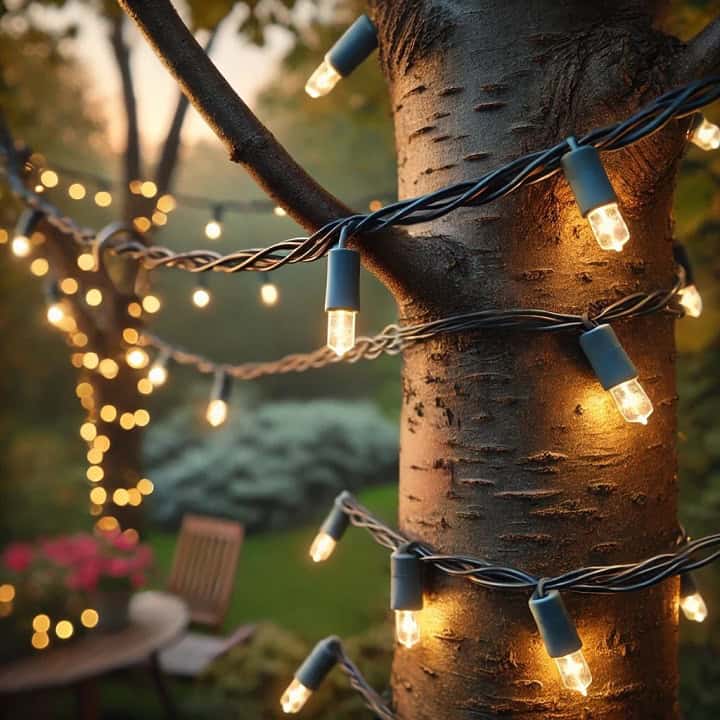 An outdoor scene featuring holiday string lights draped over sturdy tree branches and wires, with no visible hooks or attachments.