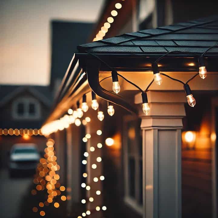 Lights hanging from a house.