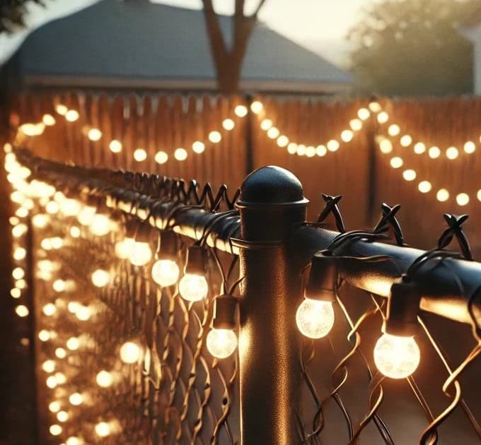 Lights hanging on a chain link fence