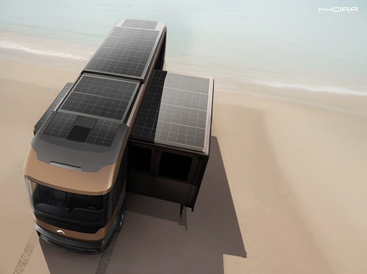 AI-TH Transformable Home rendering on a beach