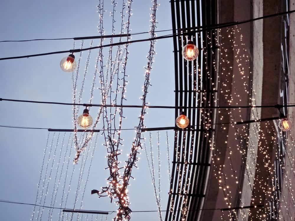 Lights hanging from ropes and wires.