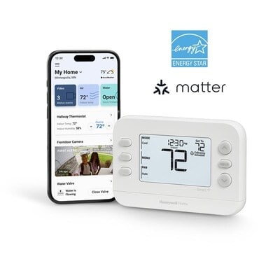 Resideo Honewell X2S Smart Thermostat with Matter plus a cell phone showing a mockup of the app to control it.