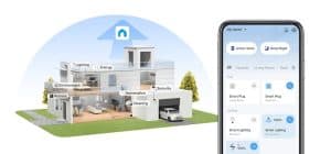 TP Link CES 2025 marketing image. Shows a mock up of a smart home with various devices and a cell phone to control them.