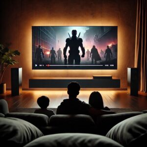 A dimly lit living room with a large flat-screen TV displaying an action-packed movie. The TV has subtle, soft backlighting.