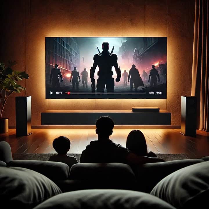 A dimly lit living room with a large flat-screen TV displaying an action-packed movie. The TV has subtle, soft backlighting.